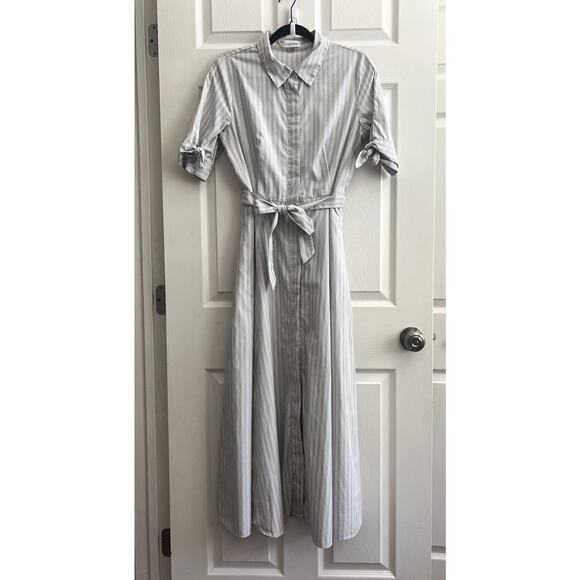 CALVIN KLEIN Gray Striped Button Front Tie Waist Shirt Maxi Dress - Picture 1 of 14